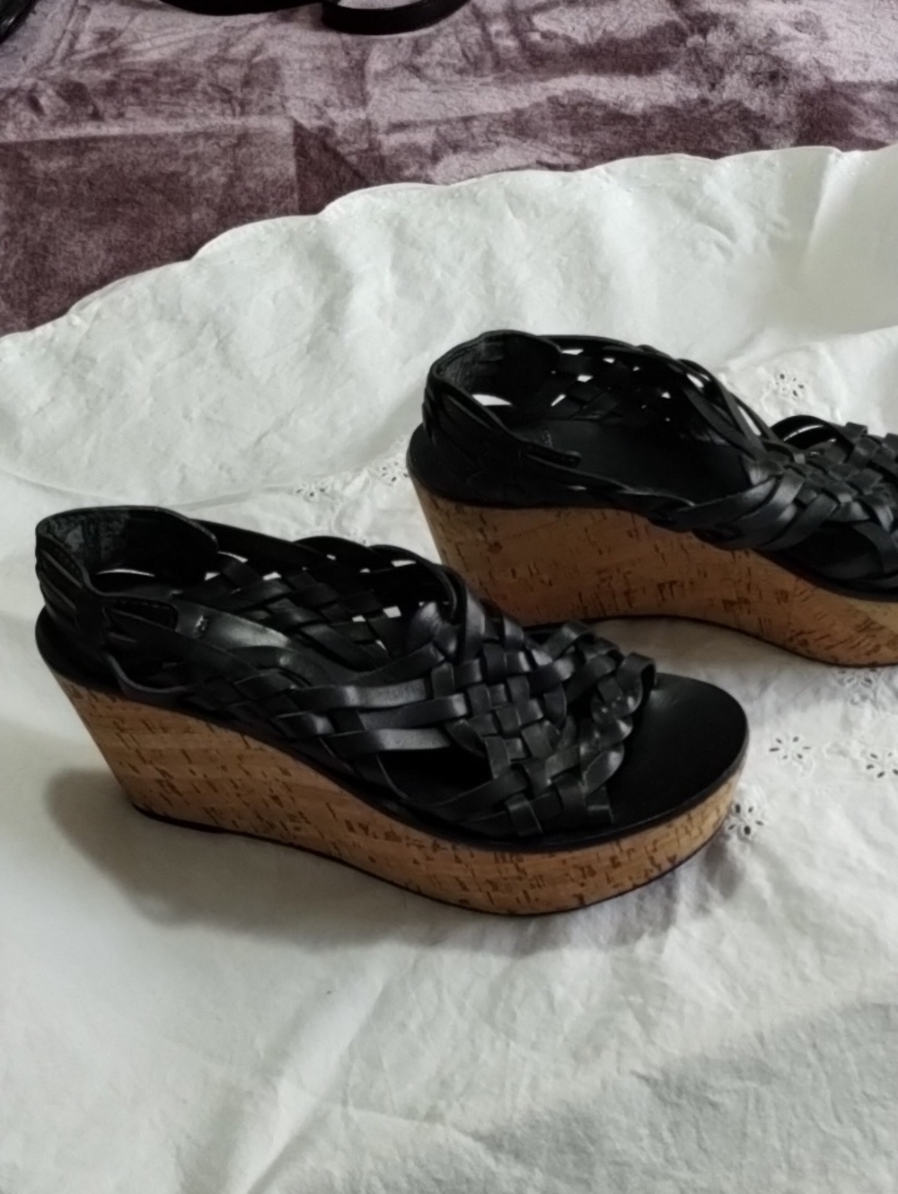 ToryBurch Black Leather Woven Cork Wedge Sandals